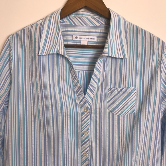 Southern Tide Marina Stripe Seersuscker Button-Front Popover Tunic Blue White - Picture 6 of 13